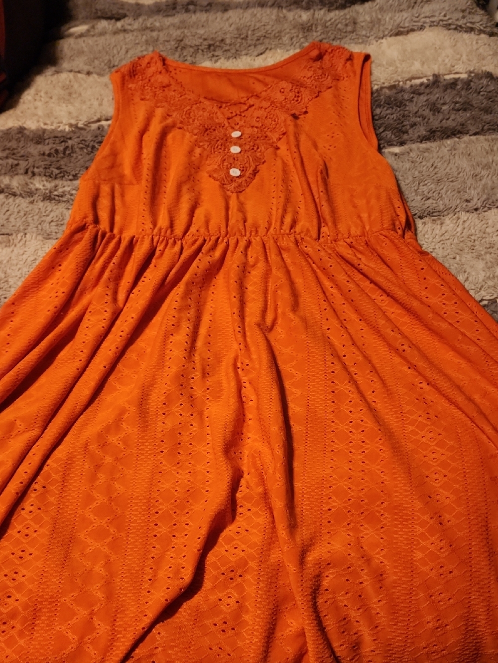 SHEIN Orange Sleeveless Eyelet Midi Dress